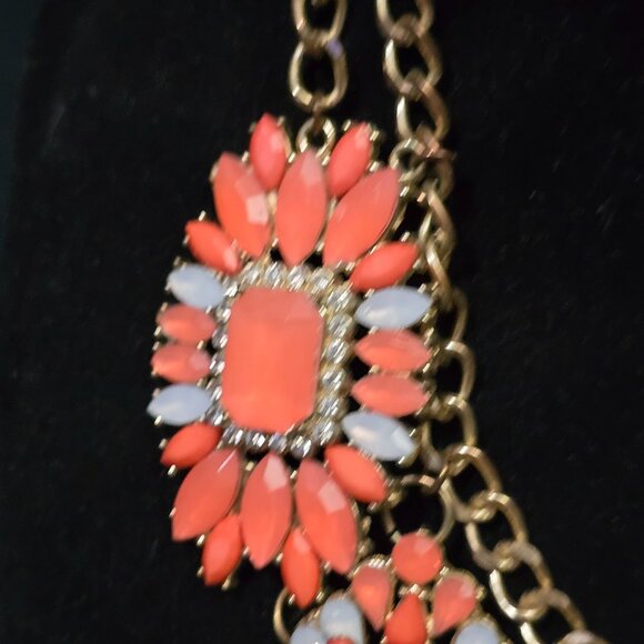 Coral & Gold Floral Statement Necklace With Rhinestones & Dual Chain Links - Picture 3 of 8